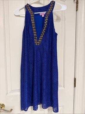 Like New Lilly Pulitzer Royal Blue Eyelet Mini Dress with Gold Shell Trim
